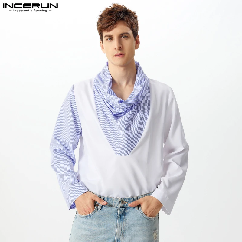 INCERUN Tops 2024 American Style Fashion Men's Striped Patchwork Swing Neck Design T-shirts Casual Simple Long Sleeved Camiseta