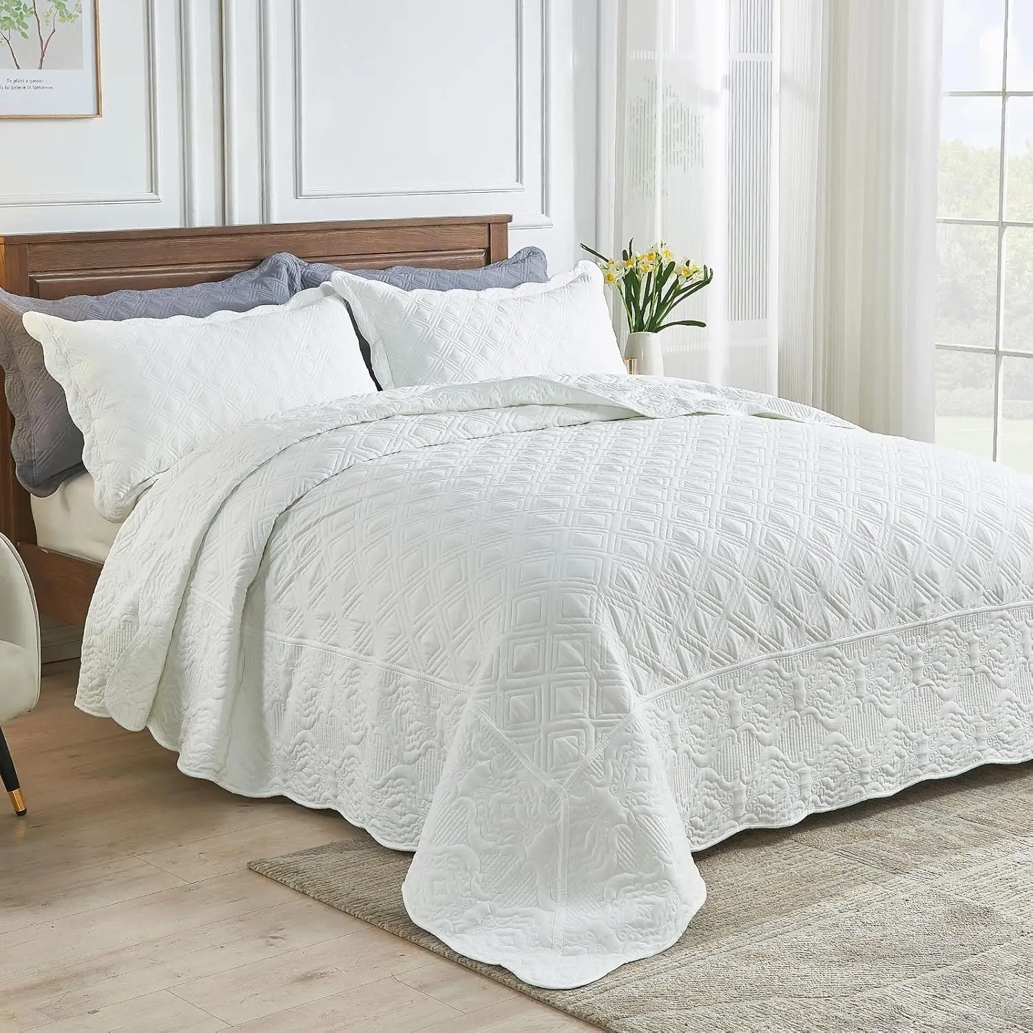 King Size Bedspread Set Oversized Queen Bedspread 106X96 Inches King Bed Quilt Set Lightweight Coverlet Sets With Shams Grid &