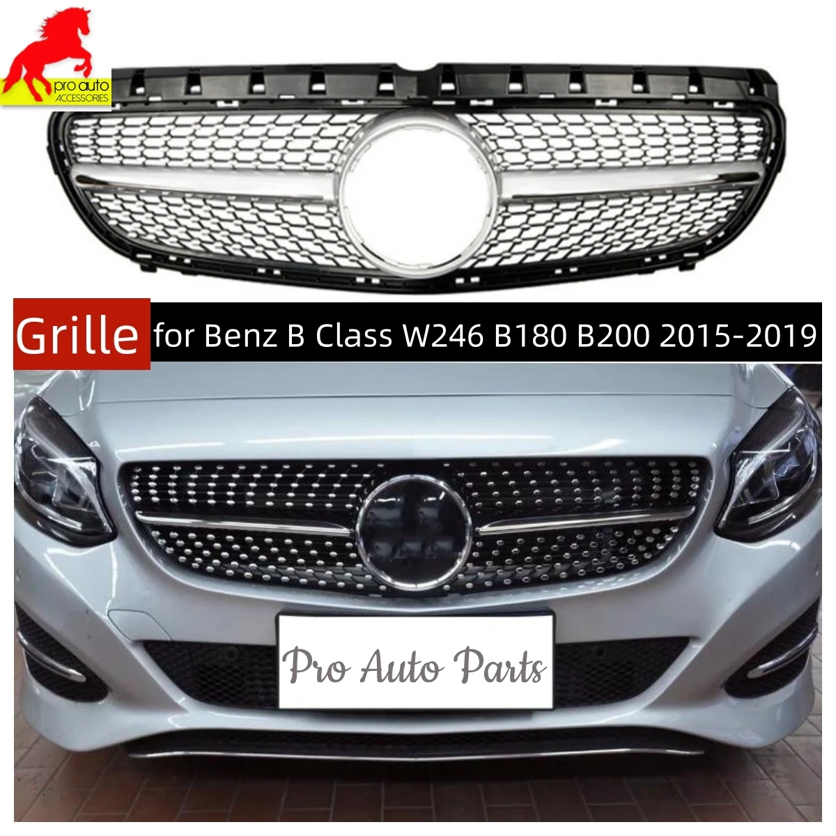 

Решетка радиатора переднего бампера в ромбовидном стиле для Mercedes Benz B Class W246 B180 B200 2015-2019 GT Решетки Автомобильные аксессуары