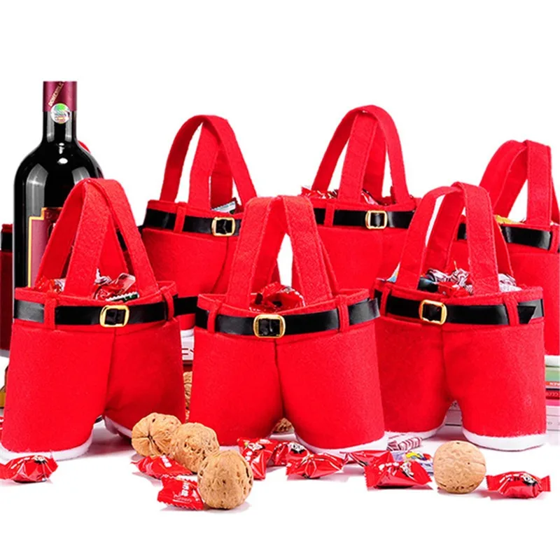 1 pçs feliz natal presente tratar doces garrafa de vinho titular papai noel suspender calças decoração sacos de presente de natal bonito