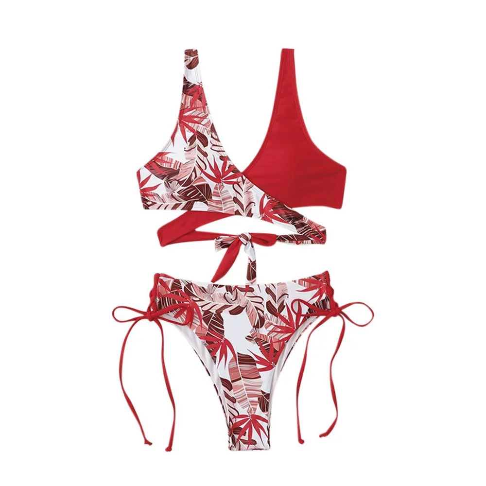 الأحمر طباعة بيكيني عبر ضمادة ملابس السباحة معقود عطلة ملابس السباحة الرباط ثونغ المرأة المرقعة Y2K ثوب السباحة الشاطئ الزي
