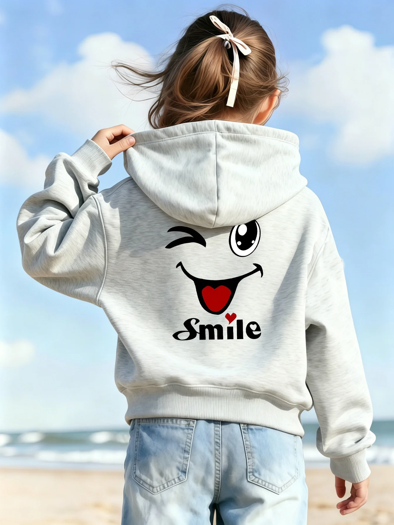 [Girls' Cute Hoodie] 1pc Girls' Long Sleeve Hoodie with Winking Joyful Face Print - Casual Sweatshirt - Multiple Colors Avail