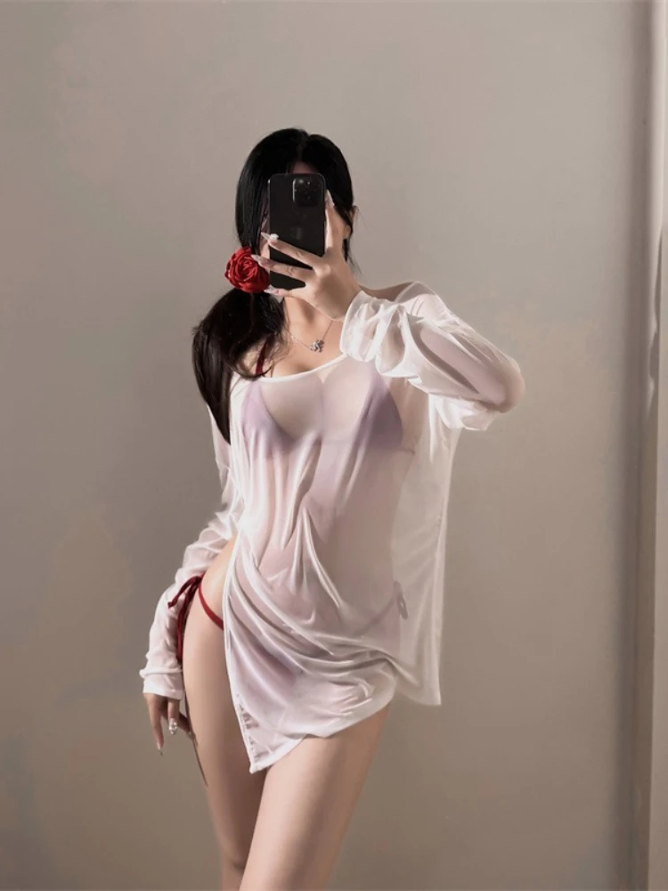 

Sexy Lingerie V-neck See Through Erotic T Shirt Women Black White Loose Shirt Woman Comfortable Simple Breathable Pullover