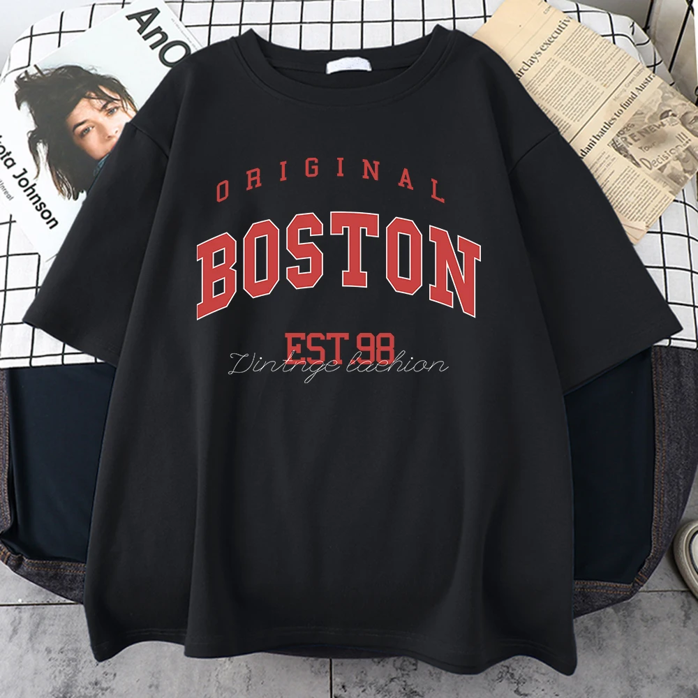 Original Boston Est.98 Print Cotton Tee Shirt Round Neck Comfortable Tee Top Niche Soft Casualt-Shirts Summer Loose Man Clothes