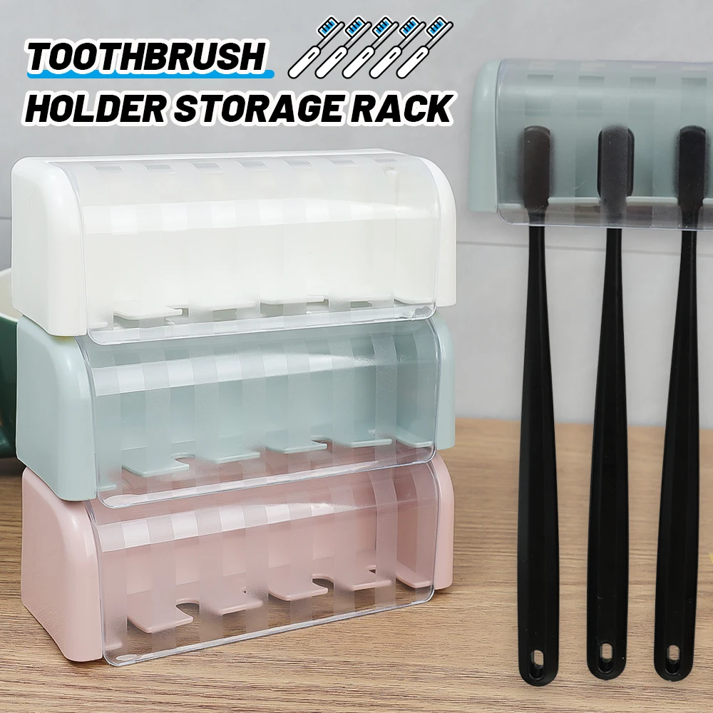 Bathroom Wallmount Toothbrush Holder with Cover 5 Slots Without Drilling Home Bathroom Self Adhered Toothbrush Storage Racks