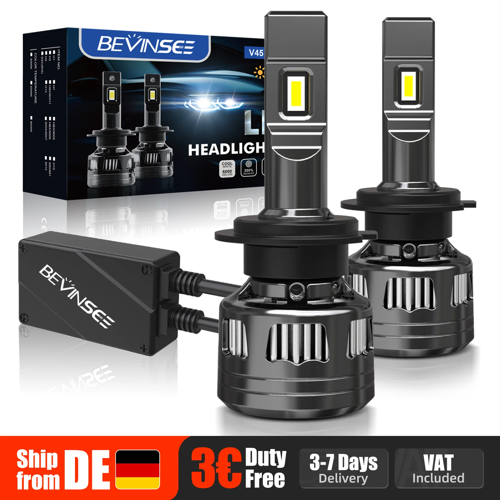 BEVINSEE H7 H4 LED CANBUS Scheinwerferlampen H11 9005 HB3 9012 HIR2 LED Hochleistungslichter für Auto 120W 22000LM 6000K Turbofan 12V