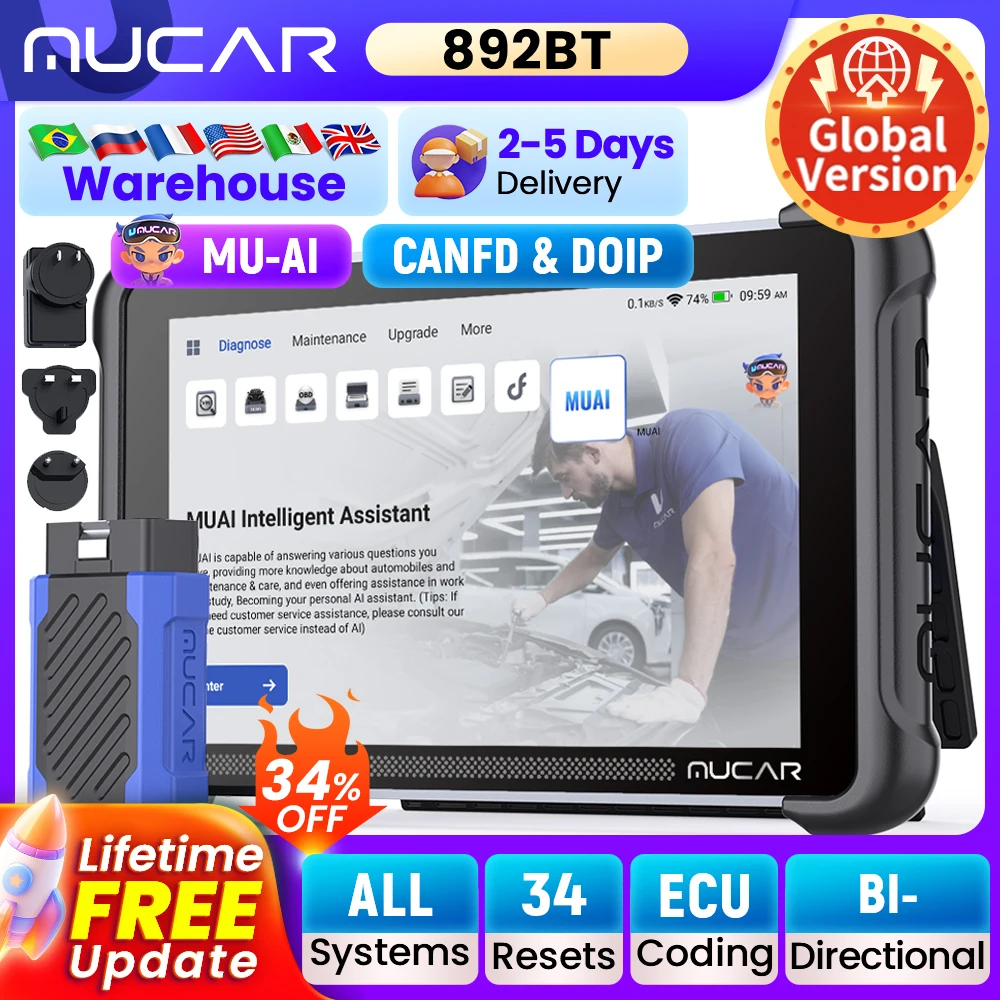 

THINKCAR MUCAR 892BT AI двунаправленный автомобильный инструмент, срок службы кодирования ЭБУ, бесплатный сканер Obd2 CANFD DOIP 34, диагностический сканер сброса OBD