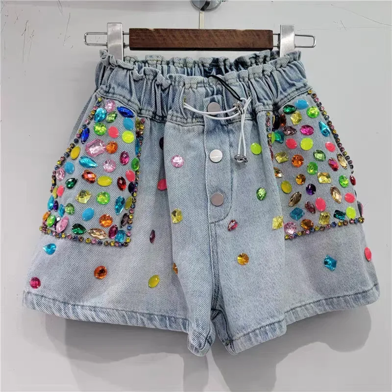 

Vintage Crystal Diamond Contrast Color Denim Shorts For Women Elastic Waist Lace-up Short Jeans 2024 Summer New Fashion