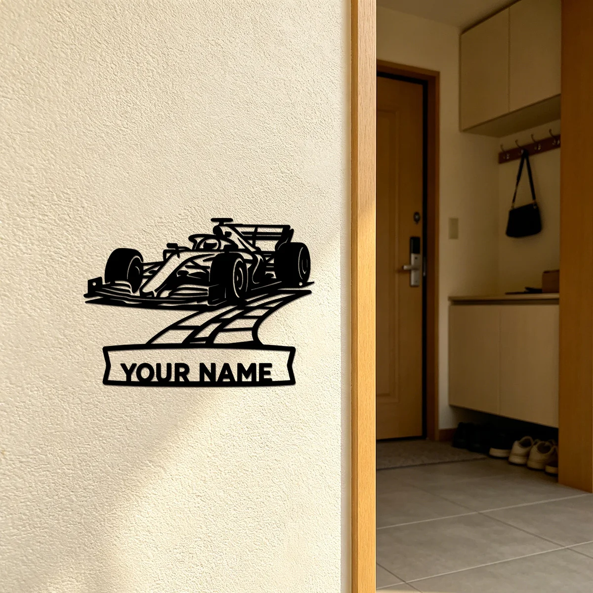 Personalized Racing Metal Wall Decor F1 Race Car on Track Sign Custom Driver Name Plaque Black Metal Art Gift for Car Enthusiast