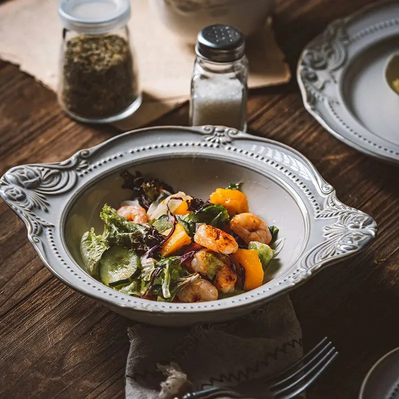 

European Style Double Ear Bowl Large Ceramic High-temperature Resistant Retro Soup Bowl Household Color Glaze Soup Bowl ZI150