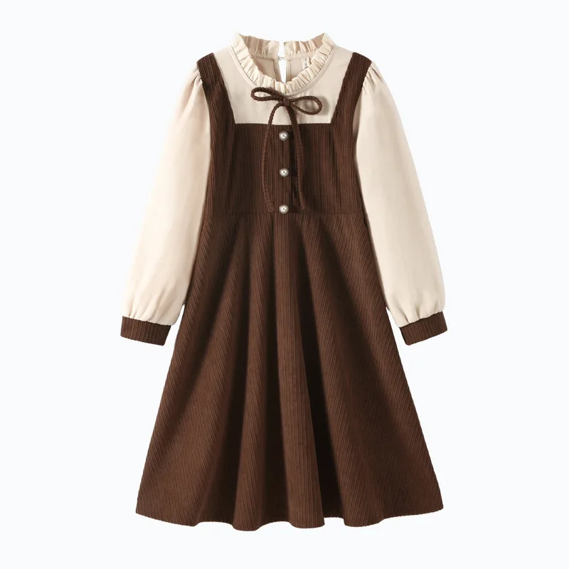 Girls Fake Two-piece Dress 2024 Autumn Winter Children Patchwork Princess Dress Kids Long Sleeves Fleece-lined Casual Dress