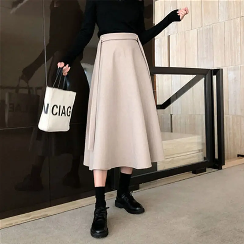 

2023 New Autumn Winter Fashion Women Skirts Office Lady Loose Belt A-Line Skirts High Waist Slim Simple Elegant Mid-Calf Skirts