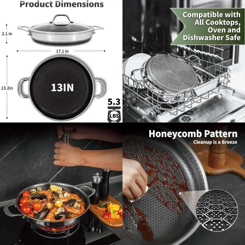 

13-Inch Multi-Functional Stainless Steel Paella Pan with Lid and Dual Handles, Dishwasher and Oven Safe