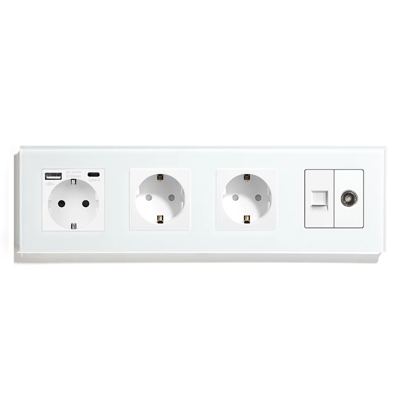 USB Socket EU Standard Wall Sockets with Type C Outlet with TV CAT6 Internet Rj45 Network Connector Glass Panel home improvement