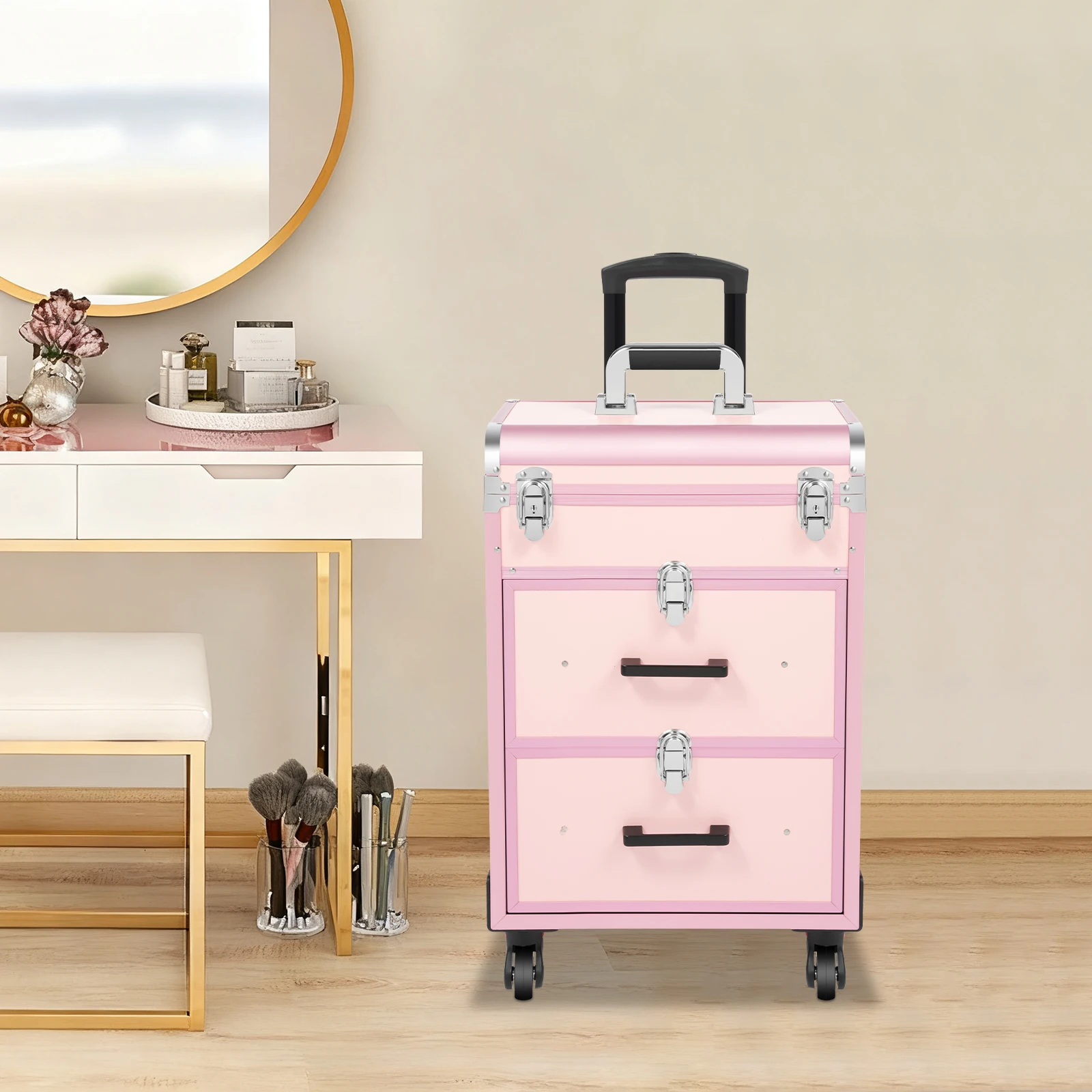 Bymaocar 40 Grids Makeup Train Case Pink Rolling Cosmetic Case 2 Large Drawers Detachable Storage Bag 3 Level Telescopic Handle Lightweight 14.8lbs Silent Universal Wheels for Nail Tattoo Beauty Salon view 3