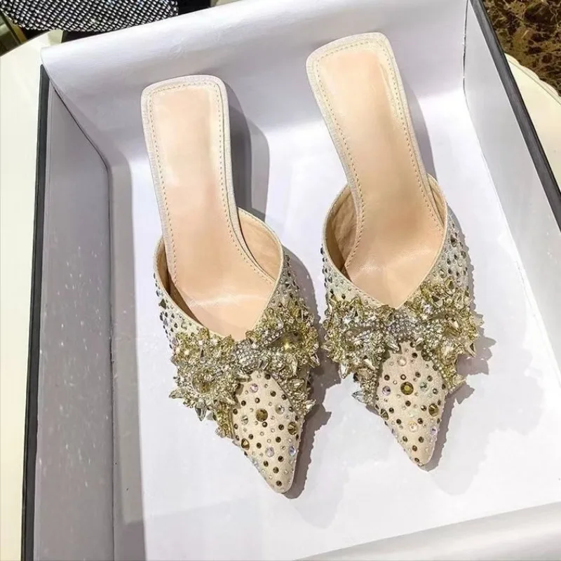 

Роскошные женские тапочки на высоком каблуке со стразами, лето 202, сексуальные дизайнерские сандалии с открытым носком и бантом, элегантное вечернее платье, женские шлепанцы