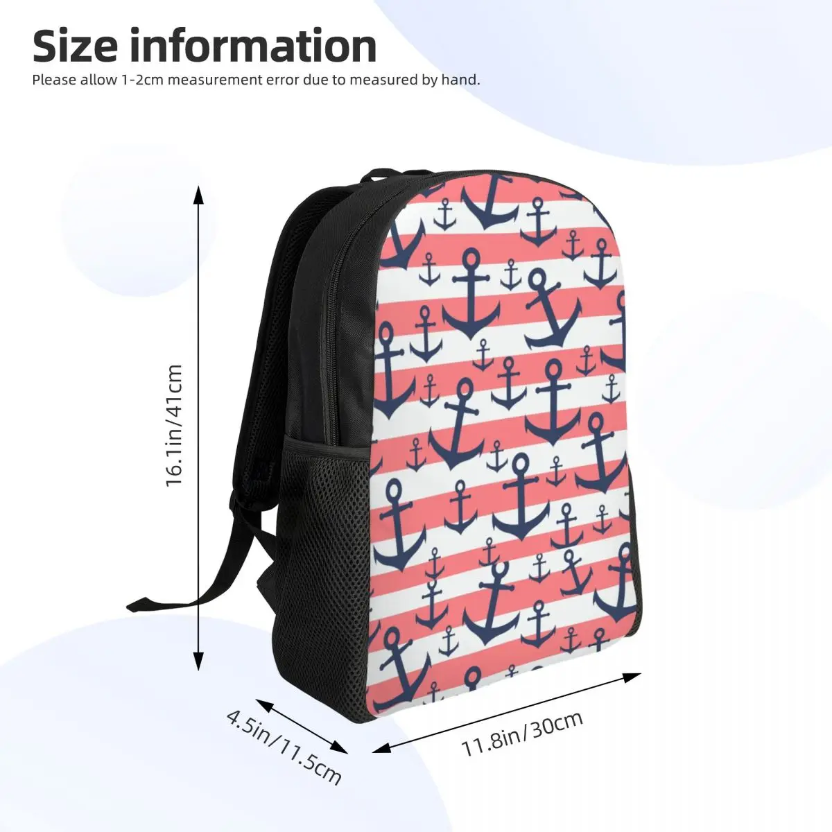 Nautical Coral Stripe Navy Blue Anchor Pattern Laptop Backpack Women Men Bookbag for College School Student Sailing Sailor Bags