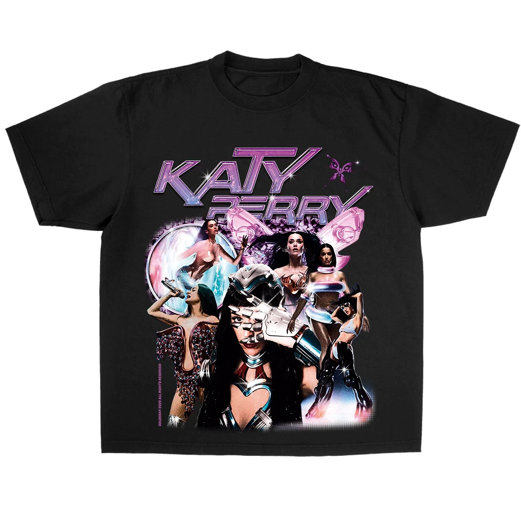 Camiseta gráfica con collage de retrato de Katy Perry para hombre y mujer, camiseta retro con estampado de estrella musical, camiseta informal holgada de manga corta de algodón, ropa de calle