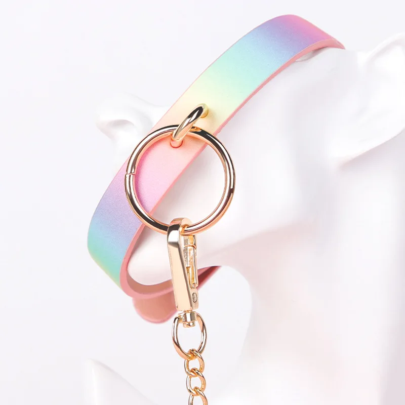 TleMeny Sexy Rainbow Colorful Collars With Leash BDSM Bondage Fetishs Collar Adult Games Sex Accessories For Woman Men Couples