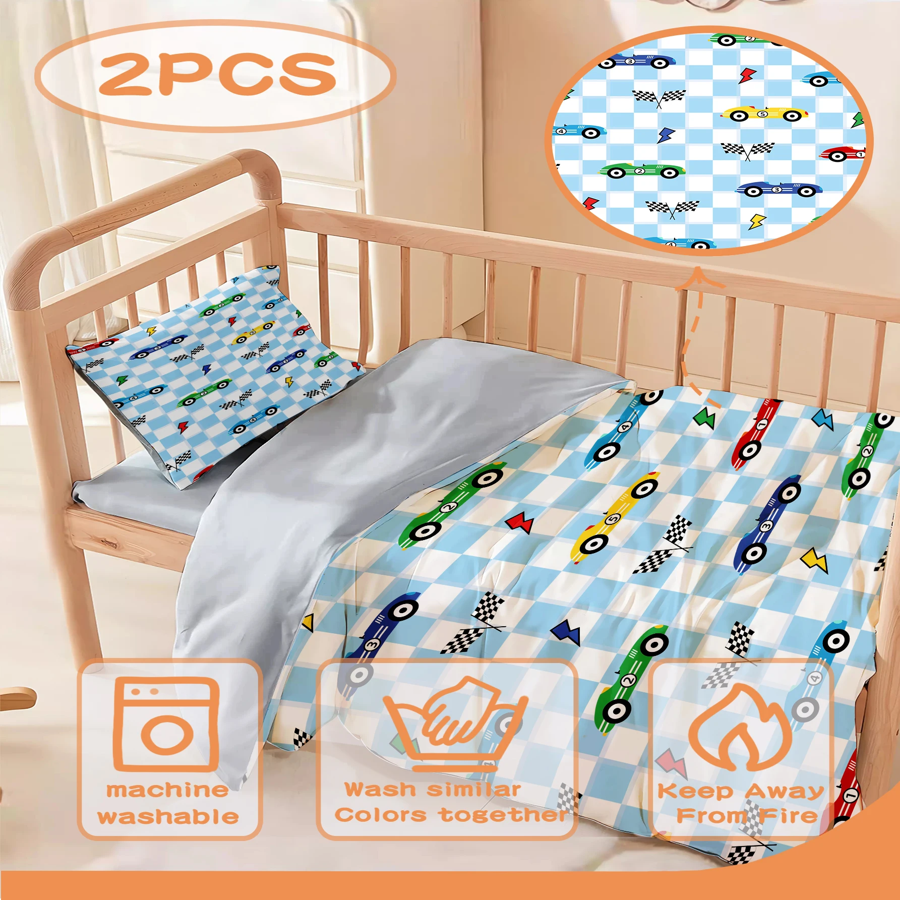 漫画の車のベビーベッドカバーセット (2 ピース)、車のテーマ、柔らかく通気性のある、漫画のプリント寝具セット、柔らかく快適です。