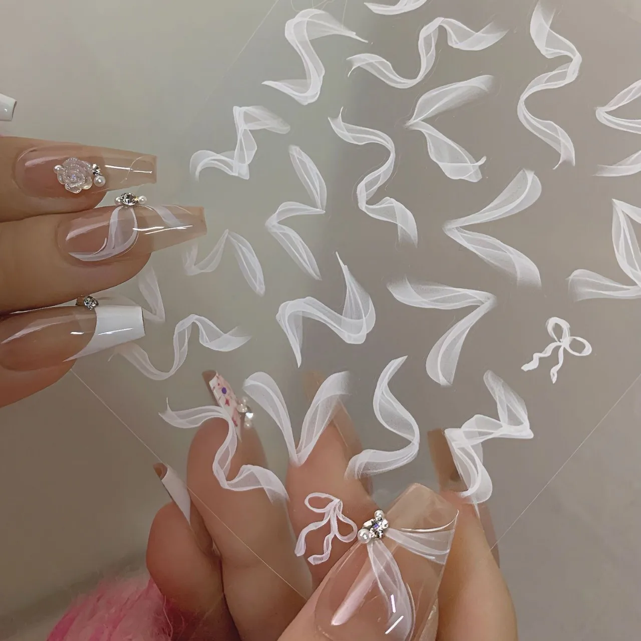 

Silk Smoke Ribbon Nail Stickers Ins Style Ballet Aesthetic Self Adhesive Decals for Manicure Pure Desire Hot Selling