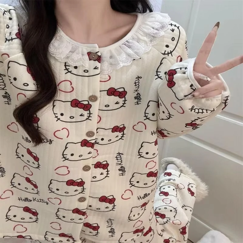 

Женский зимний фланелевый флисовый комплект для сна с сердечками, пижама Hello Kitty, домашняя одежда с длинным рукавом, милый кружевной комплект для отдыха