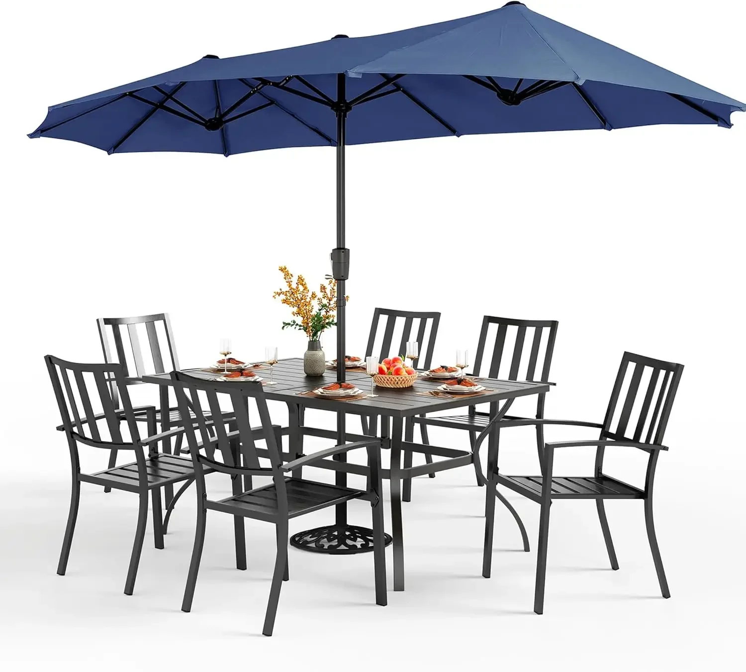 

7 Piece Patio Dining Set with Umbrella, 60” Rectangular Metal Dining Table & 6 Stackable Metal Chairs