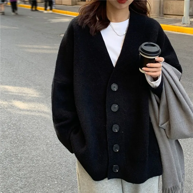 Minimalist Cardigans for Women Loose Black Single Breasted V-neck Knitted Soft Warm Autumn Winter Students Leisure Simple Ins