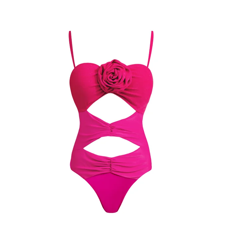 2024 neue Badeanzug 3d Blume Dekor rosa einteilige Bade bekleidung Frauen Urlaub Beach wear Luxus Badeanzug sexy Bikini zweiteilig