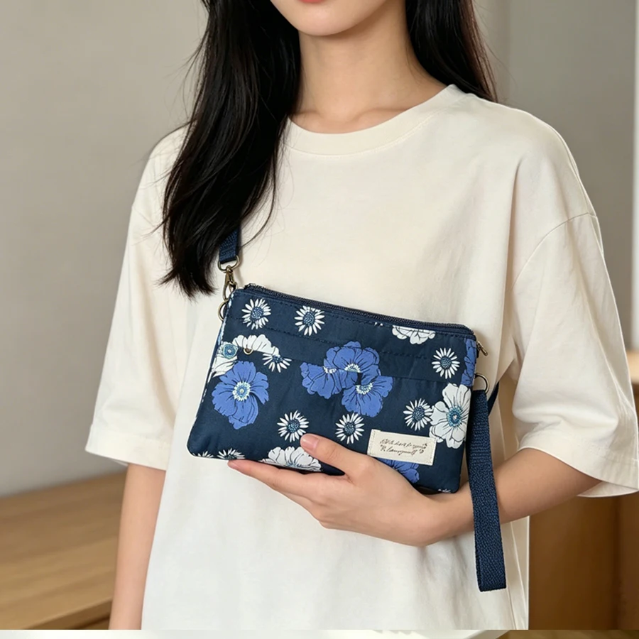 Floral Print Canvas Small Crossbody Bag Women Multi Zipper Phone Purse Detachable Adjustable Shoulder Strap Daily Handbag