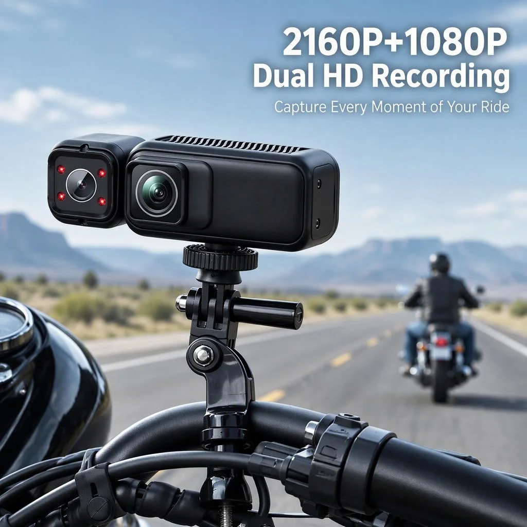 Dual Lens Dash Cam for E-Bike & Motorcycle, 2160P Front 1080P Rear Recording with 3 Mount Options, APP Connected Riding Recorder