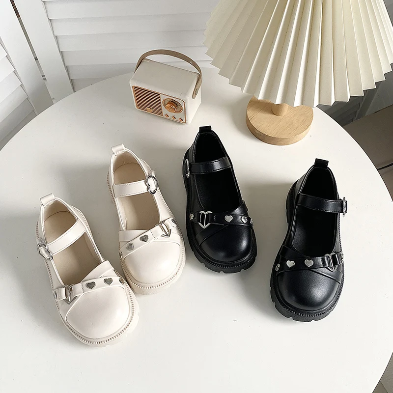 

Spring Girl's Mary Janes Platform Lolita Shallow Kids Leather Shoes Black Biege Stylish Non-slip Matte Children Flat Shoe 27-36