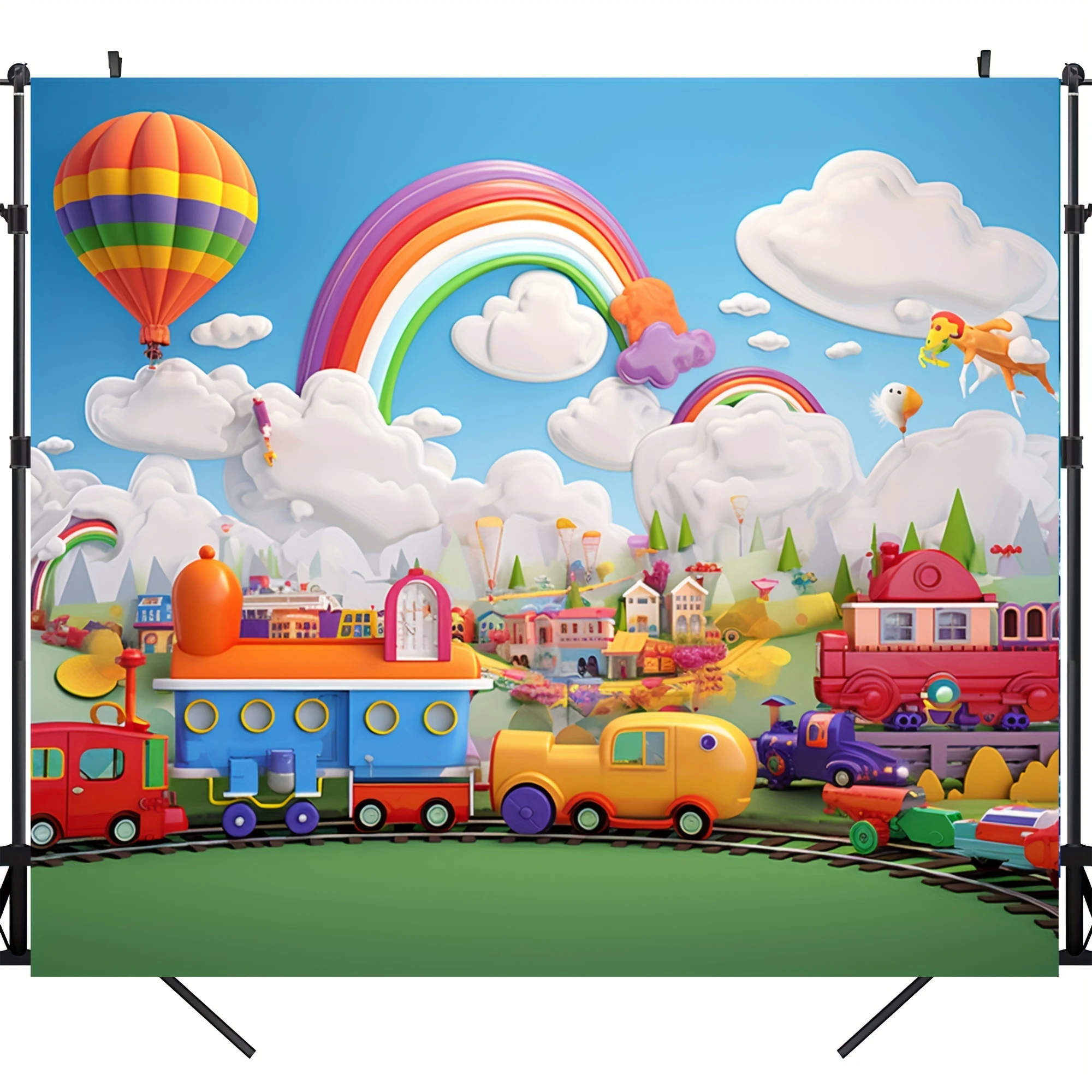 Cartoon Rainbow Hot Air Balloon Train party Background Banner Decoration Party supplies birthday party Background Photo Props