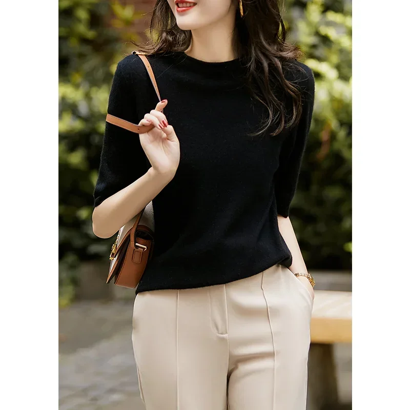 Summer Knitted Women Blouse Half-Turtleneck Tops Fashion Loose Elegant Clothing Half Sleeve Shirt