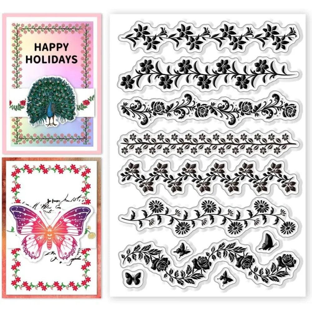 Klare Stempel mit Blumen und Spitze, Rosen-Gänseblümchen, dekorative Schmetterlingsstempel, Silikonstempel, transparente Papierstempel für Journaling