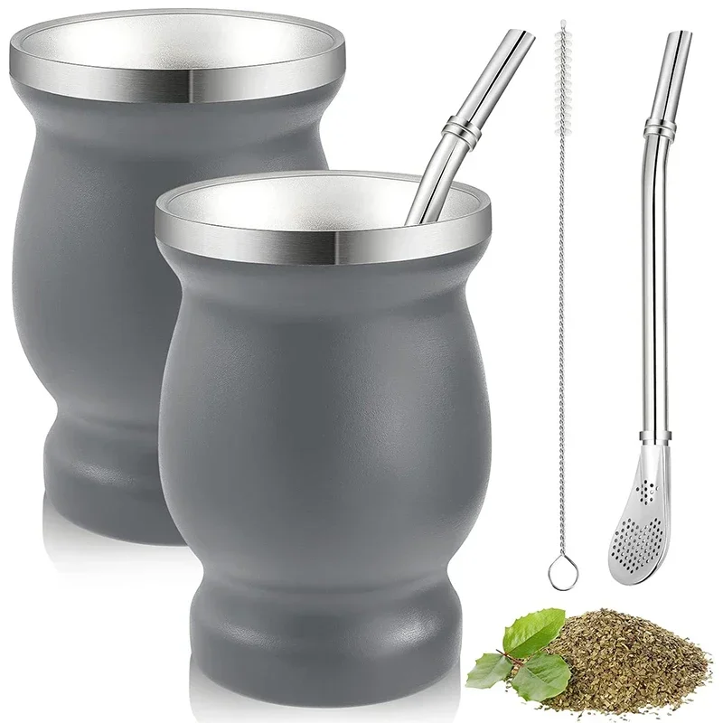 Yerba Mate Cup 304 Stainless Steel Double Wall Yerba Mate Gourd Set Argentine Yerba Mate Gourd With Spoon and Cleaning Brush