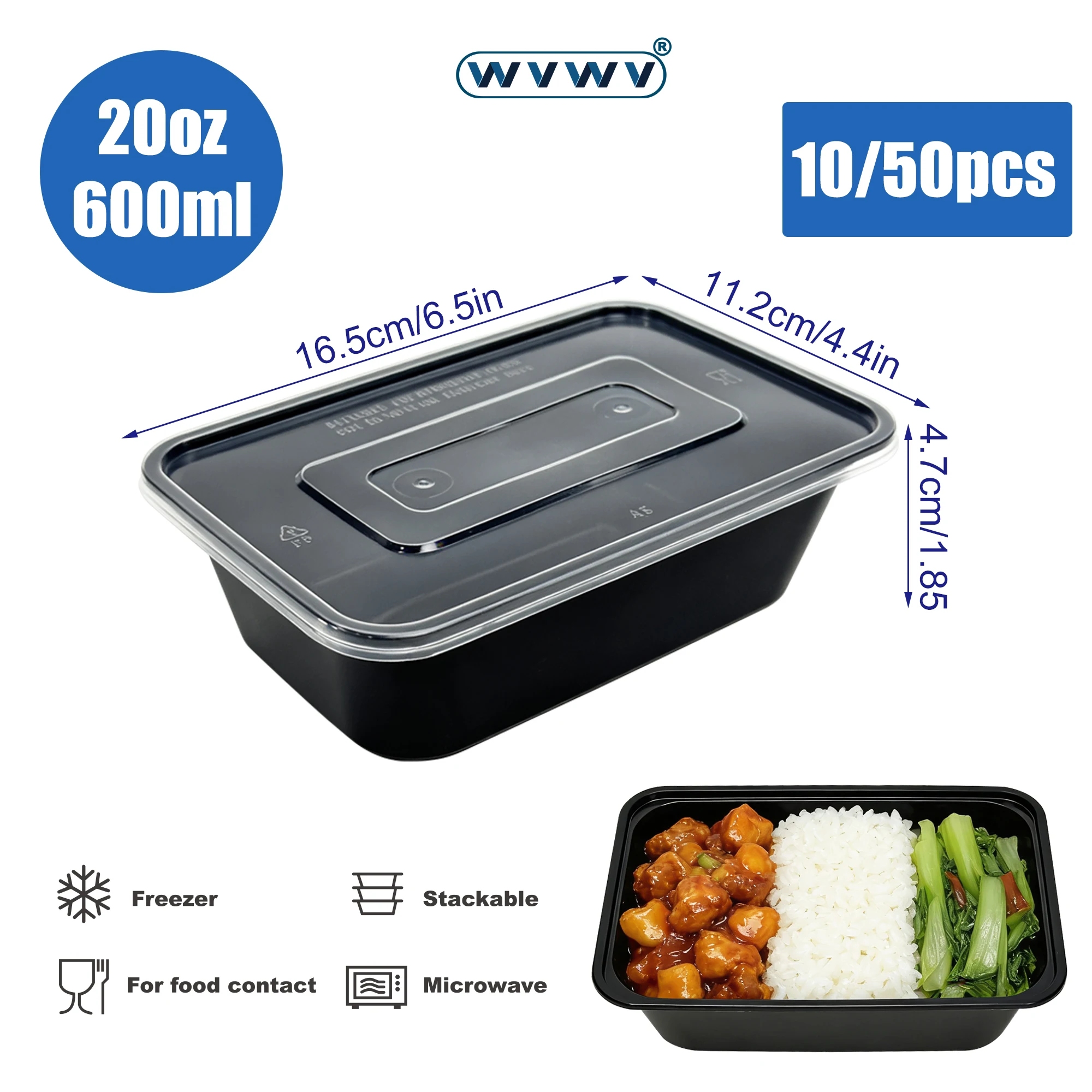 10/50 piezas de loncheras negras de 20 onzas/600 ml, recipientes para almacenar alimentos con tapas, recipientes para preparar comidas, apilables, aptos para microondas, recipientes reutilizables para almacenar alimentos y loncheras, adecuados para organizar el refrigerador, guardar sobras, picnics, almuerzos escolares y utensilios de cocina.