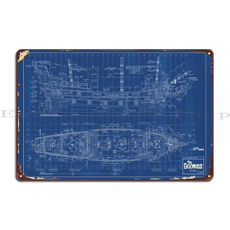 Goonies Inferno Pirate Ship Blueprint Metal Sign Create Decoration Designing Custom Kitchen Tin Sign Poster