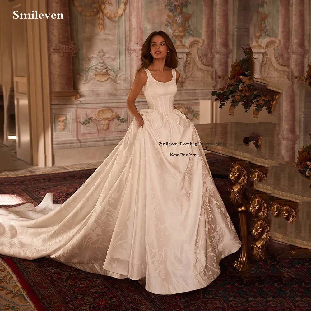Smileven Jacquard Satin Wedding Dress A Line U Neck Strap Bride Dresses 2026 Vestido de novia  Wedding Gowns Customized