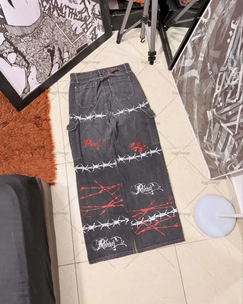 جينز هاراجوكو Y2K عصري لعام 2025 ملابس شارع عالية الشارع جينز فضفاض قديم للنساء سراويل هيب هوب بانك متعددة الجيوب #3