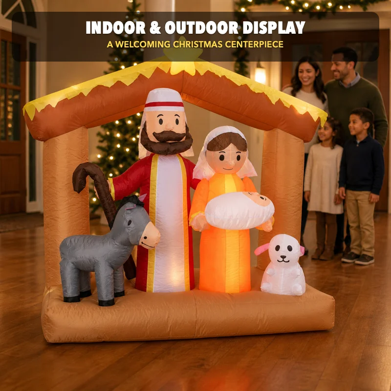 6FT LED Light Up Nativity Scene Inflatable Christmas Decoration with Holy Family Donkey and Sheep Blow Up Outdoor Toy Yard Decor for Garden Lawn Porch Church Xmas Holiday Party Home Ornament Gift