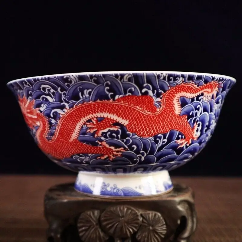 

6.2" Chinese Blue and White Porcelain Red Glaze Two Dragon Grain Big Bowl