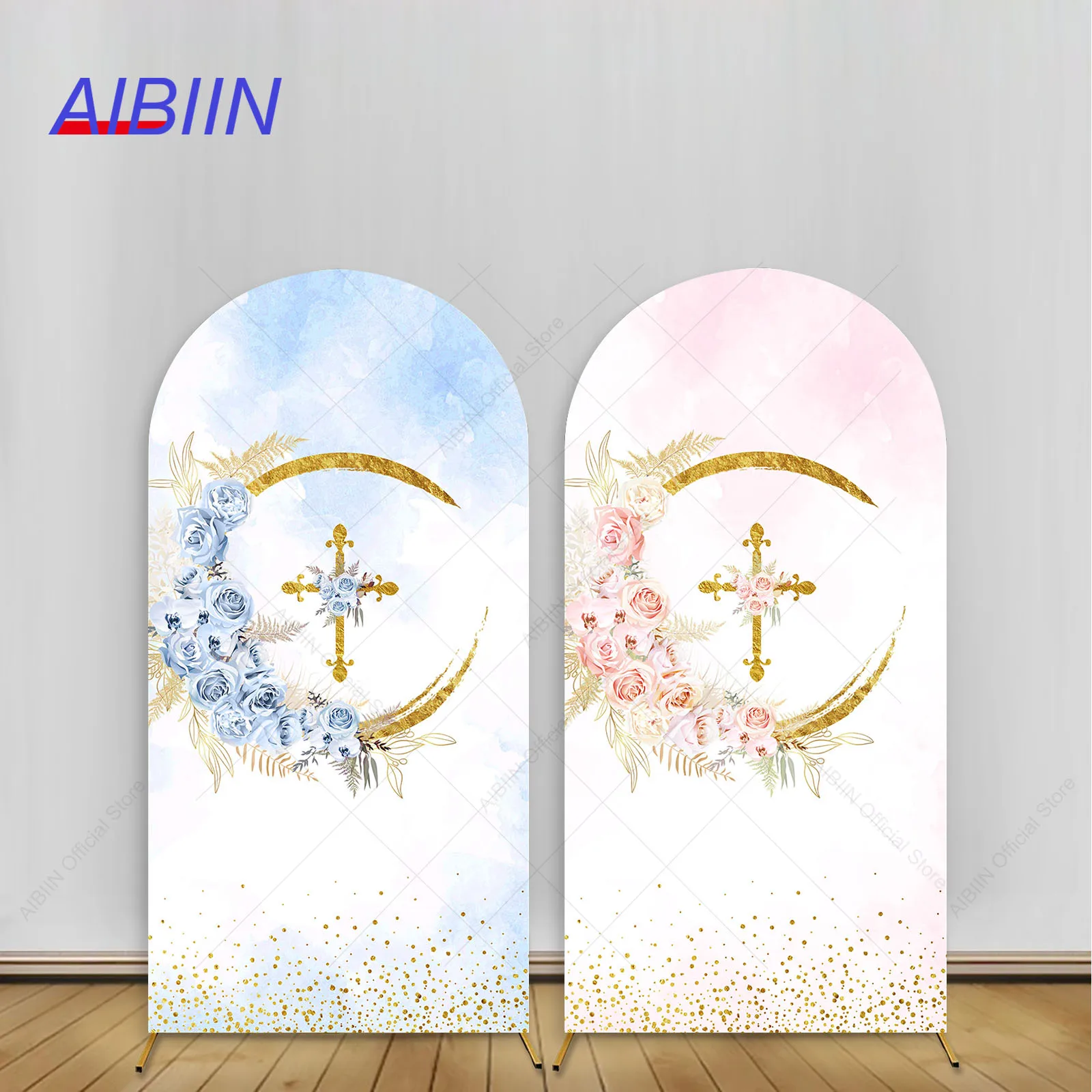 

God Bless Baptism Arch Backdrop Cover Floral Big Gold Cross Boy Girl First Holy Communion Party Decor Christening Background