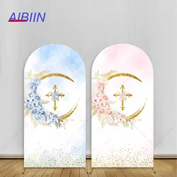 God Bless Baptism Arch Backdrop Cover Floral Big Gold Cross Boy Girl First Holy Communion Party Decor Christening Background
