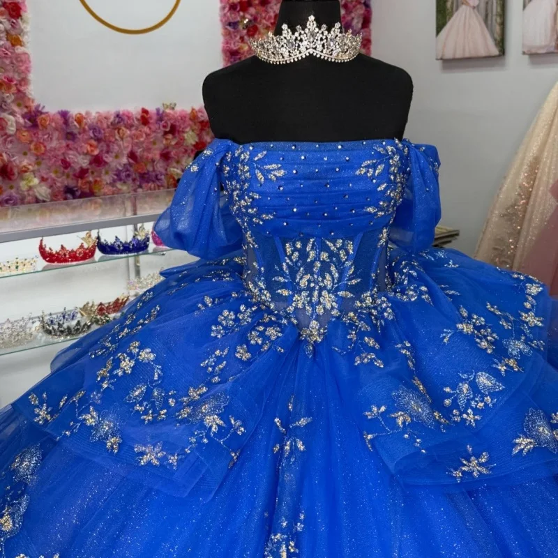 

Shiny Royal Blue Quinceanera Dresses Off the Shoulder Crystal Lace Layering Decal Long tail Bow Vestidoe 15 Quinceanera Customiz