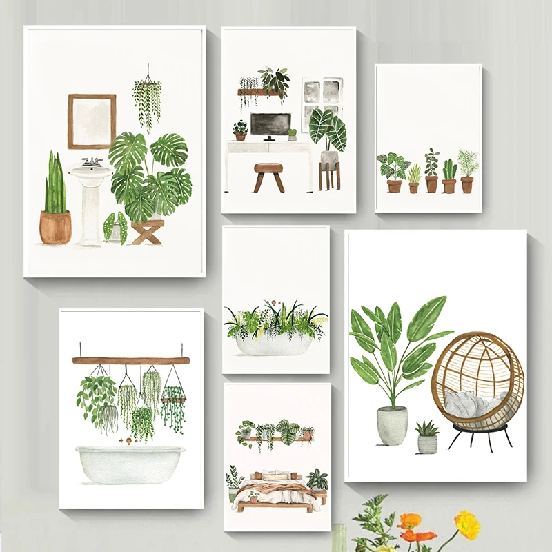 Tranquil Minimalist Watercolor Home Plants Pottery Landscape Art Poster Canvas Printing Lounge Studio Wall Decoration Paintin