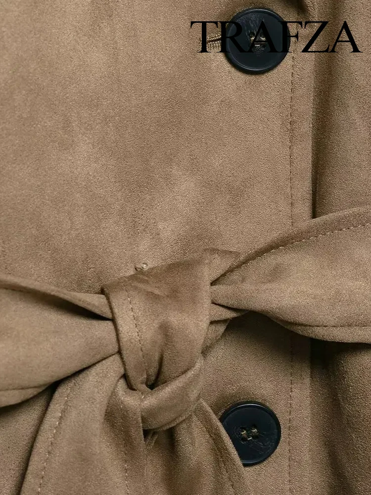 

TRAFZA Women Elegant Faux Leather High Street Windcoat 2025 Autumn Woman Lapel Double-Breasted Pocket Design Casual Jacket