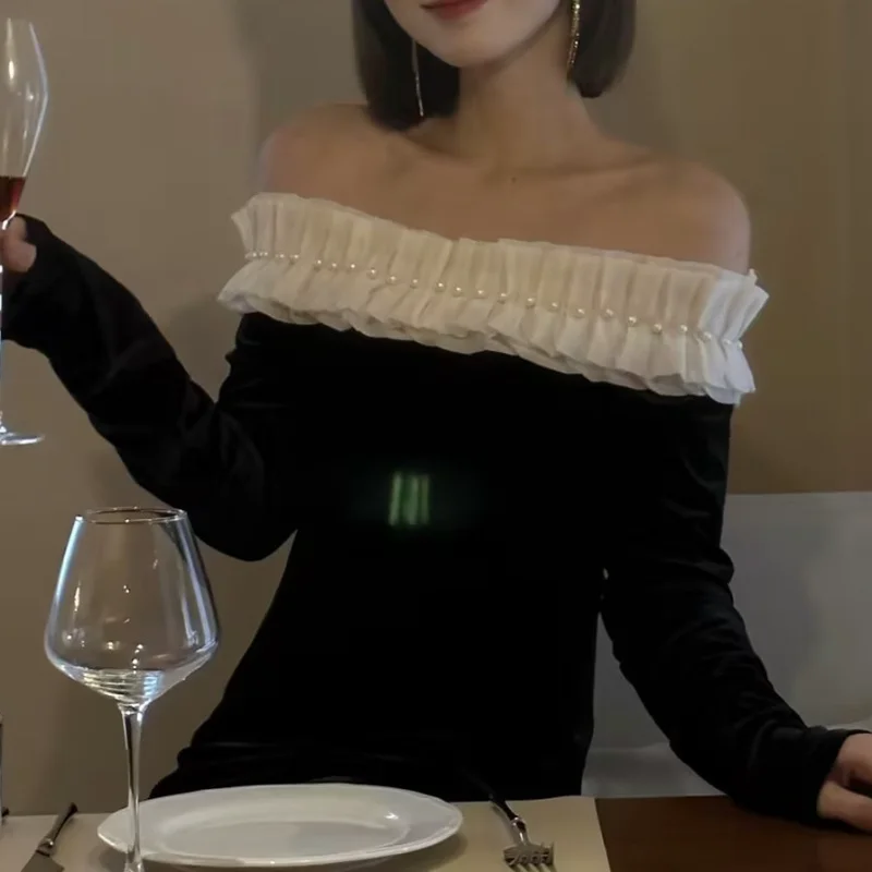 

French Black Velvet One-shoulder Elegant Dress Female Pearl Lace Collar Vintage Wine Fashion Dinner Party Sweet Women Long Dress