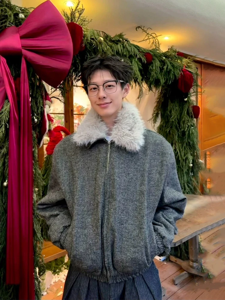 

Мужская зимняя куртка с утолщенным воротником из овечьего меха, хлопковая куртка в американском ретро-стиле, шерстяное хлопковое пальто, теплое, приталенное, молодежное