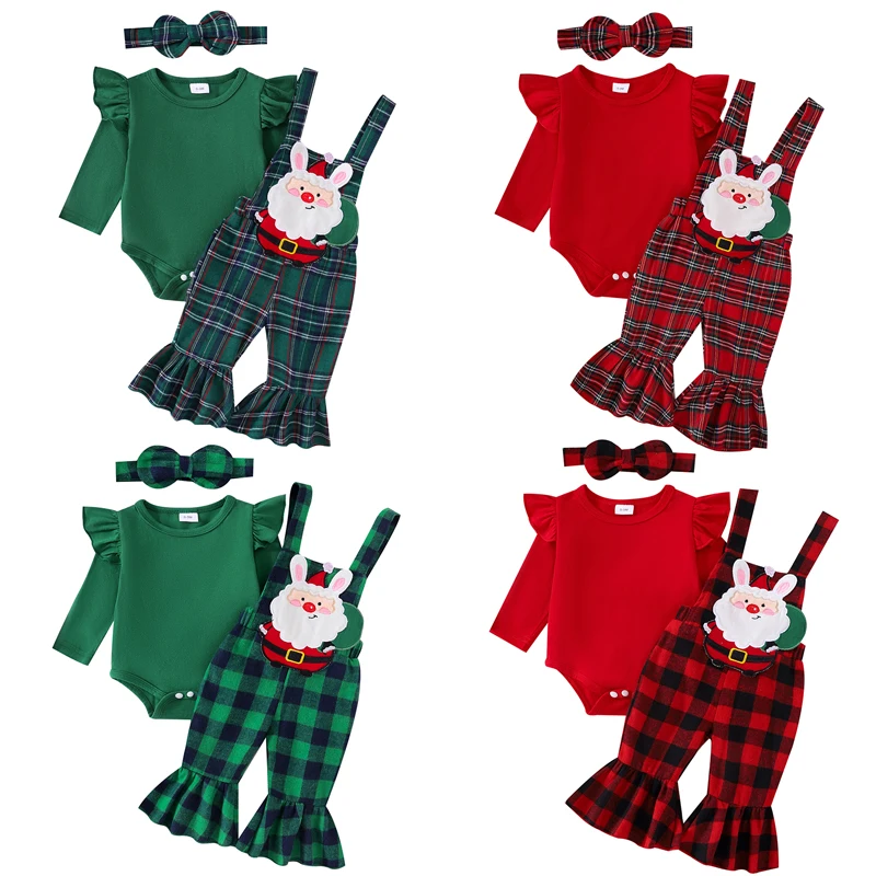 

0-18M Baby Girl 3Piece Christmas Outfits Set Ruffled Long Sleeve Romper + Plaid Santa Claus Overall Flare Pants + Headband